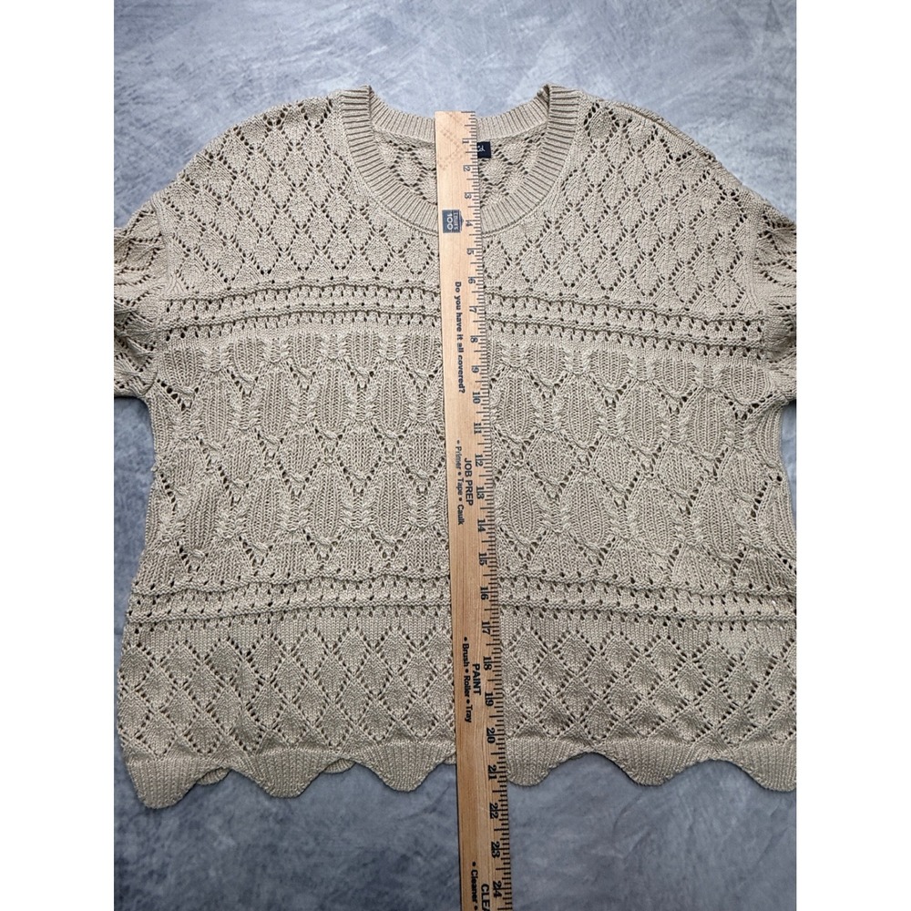 Splendid Tan Open Knit Short Sleeve Sweater Top womens sz L cottage shabby boho - Picture 7 of 8